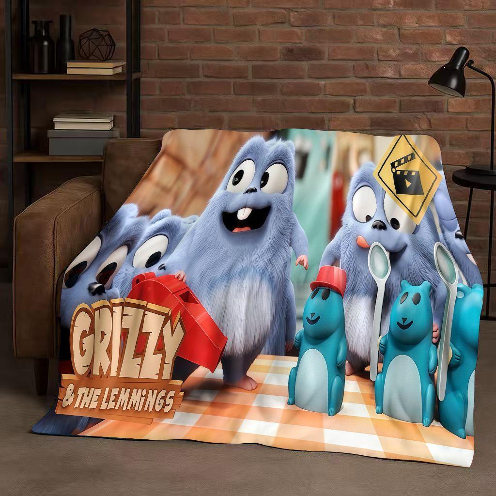 Kawaii Grizzy and The Lemmings Cartoon Flannel Blanket,Ultra Soft Warm Plush Throw for Home Bedroom Bed Sofa Cover Kids Gift