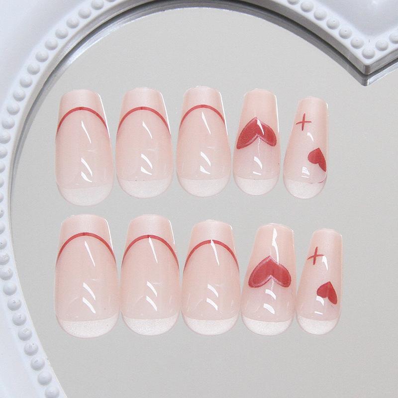 24 Pieces Light Luxury French Red Love Short Ballet Nail Art Tablets, Clean and White, Minimalist and Pure Desire