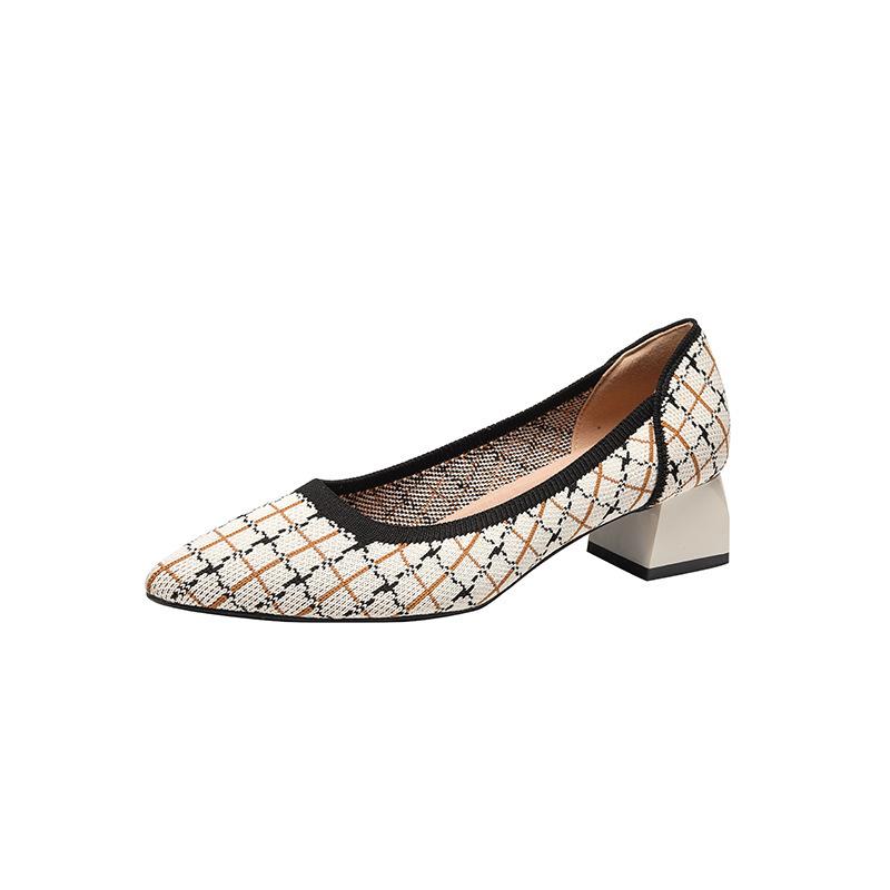 Single Shoes Women's New Mid-heel Light Mouth Thick Heel Pointed Fly-woven High-heeled Woven Shoes