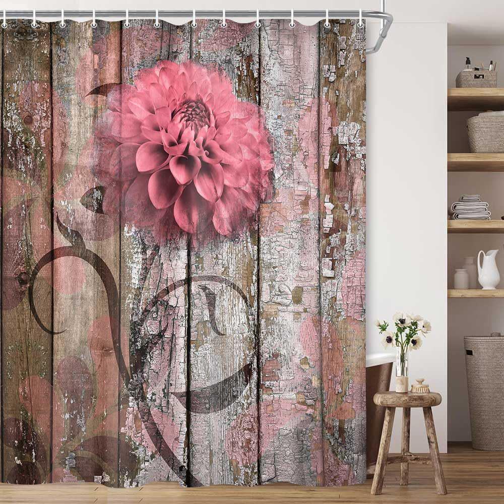 Cross-border Wood Grain Flower Shower Curtain: Waterproof, Digital Print, Home Bathroom Partition for Dry-Wet Separation.