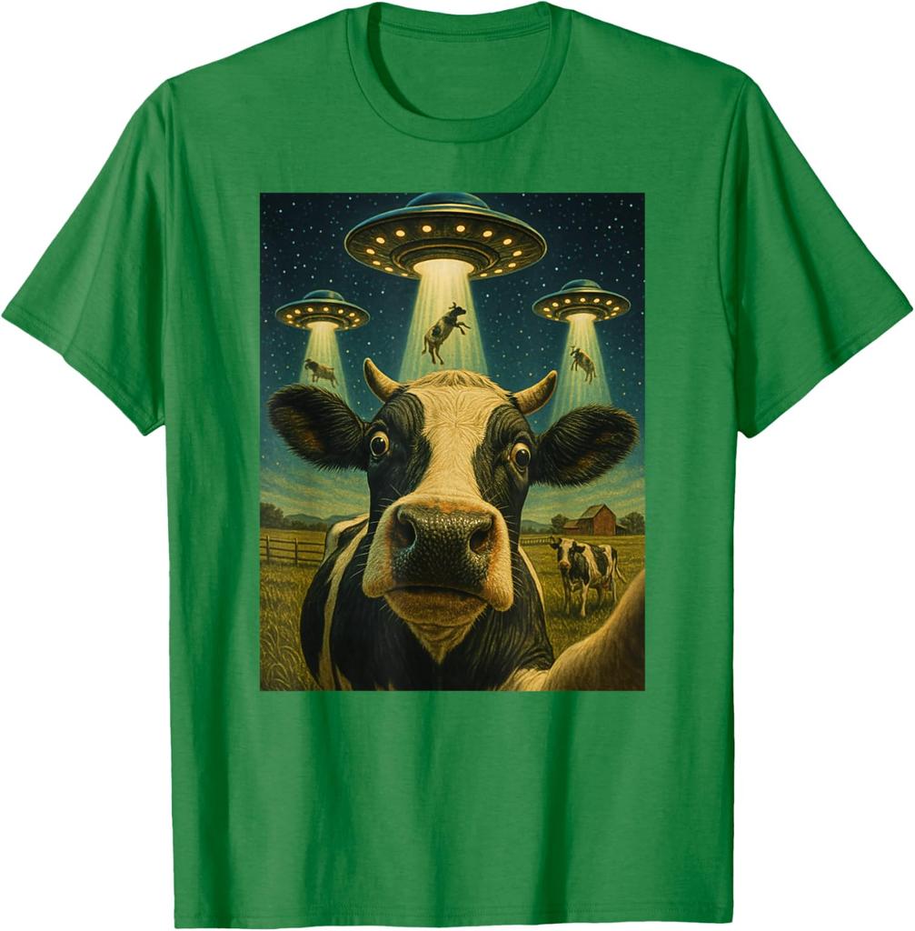 Funny Cow Abduction Selfie UFO Alien Graphic Tee T-Shirt Casual Daily Wear