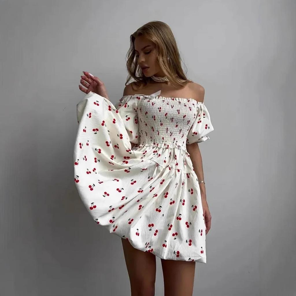 Square neck bubble sleeve dress, new waist skirt in summer in Europe and America, printed short dress