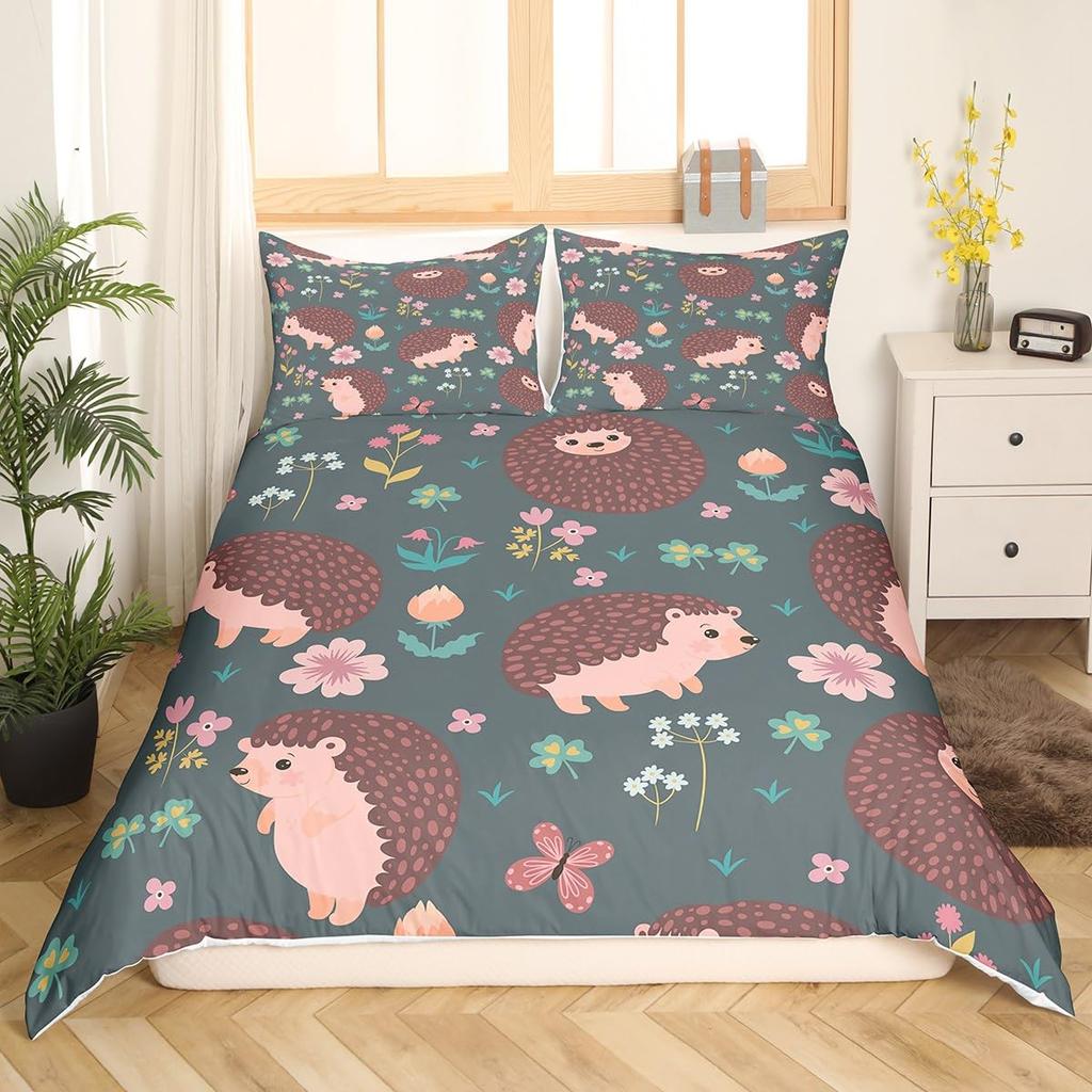 Lovely Hedgehog Duvet Cover Teens Full Runing Animals Bedding Set Modern Field Path Soft Cute Hedgehog Printed 3pcs Bedding Set