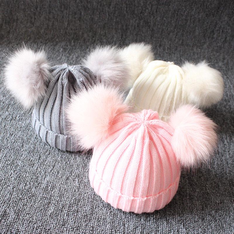 2019 Brand New Newborn Baby Kids Girls Boys Winter Warm Knit Hat Furry Balls Pompom Solid Warm Cute Lovely Beanie Cap Gifts