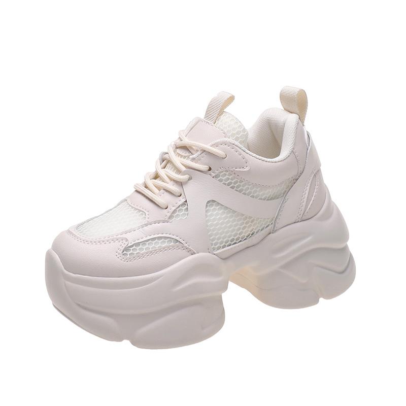 

Women High Heels Chunky Platform Leather Sneakers Thick Bottom Vulcanize Shoes Woman New Spring Autumn 8CM Increase Casual Shoes 34 бежевый