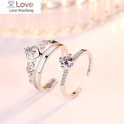 New 925 Sterling Silver Couple Ring Fashion Crown Inlay High Quality Zircon Adjustable Pair Lovers Rings Jewelry Gift 2pc