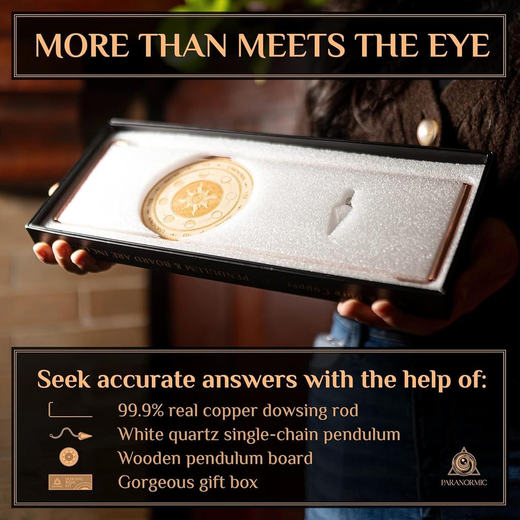 Dowsing Rods & Pendulum Divination Kit Set of 2 Real Copper L Rods, Quartz Pendulum, & Wooden Answer Board Spirit Rods To Find Water, Lost Objects