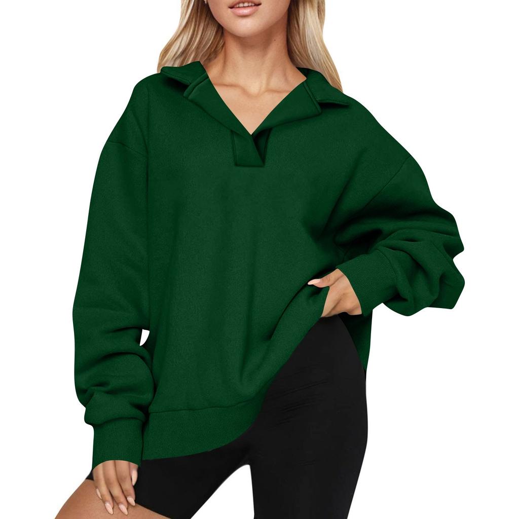 Women's Fashion Long Sleeve Solid Color V-Neck Loose Sweatshirt Top