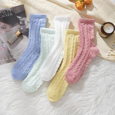 Women's Autumn and Winter Twist Compilation Macaroon Color Thickened Shaggy Velvet Mid-calf Socks Cold-proof Warm Socks