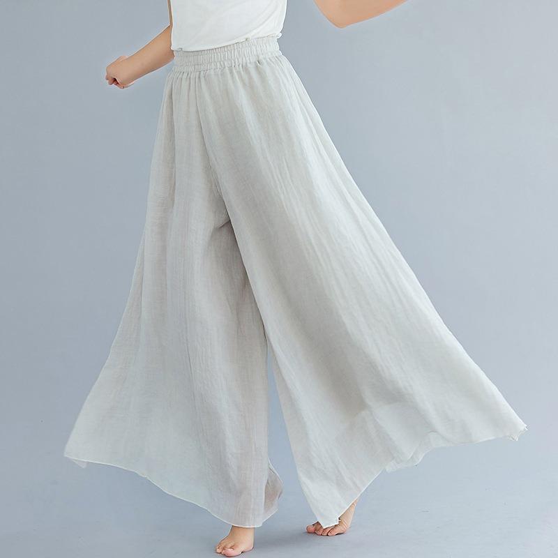 Summer Women's Trousers Artistic Large Size Cotton and Linen Wide-leg Trouser Skirt Linen Skirt Elastic Waist Solid Color Ethnic Style Trouser Skirt
