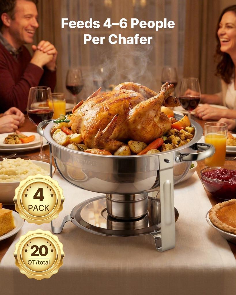 5 Qt 4 Pack Round Chafing Dish Buffet Set Full-Size Pan Stainless Steel