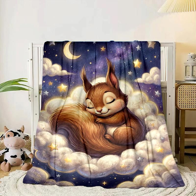 Squirrel Dreams Under Moonlight Blanket Flannel Blanket for Bed, Sofa, Camping, Hiking, Picnic Essentials, Gift for Family Fan Gifts