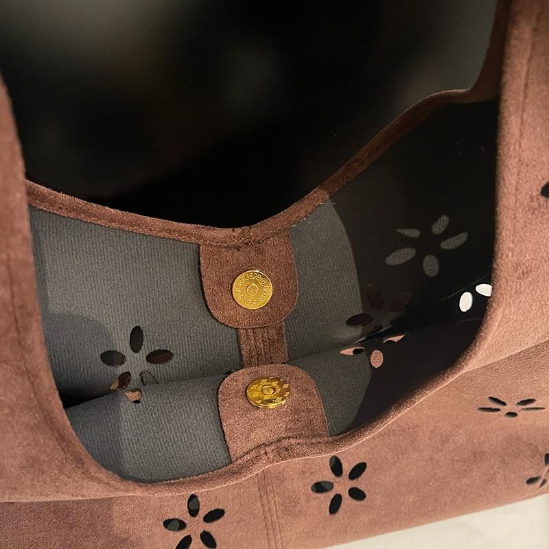 Floral Cutout Suede Hobo Bag with Open Top Design Large Capacity Fashion Shoulder Bag