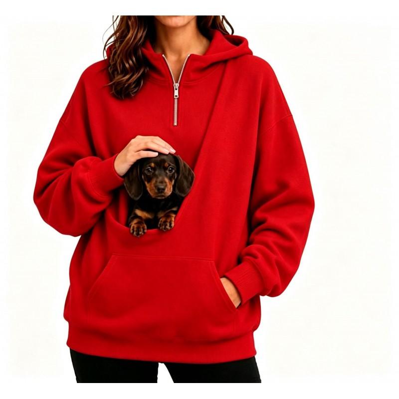 Womens Half-Zip Hooded Sweatshirt With Pet Pocket Loose Fit Fall Winter Top Small Dogs