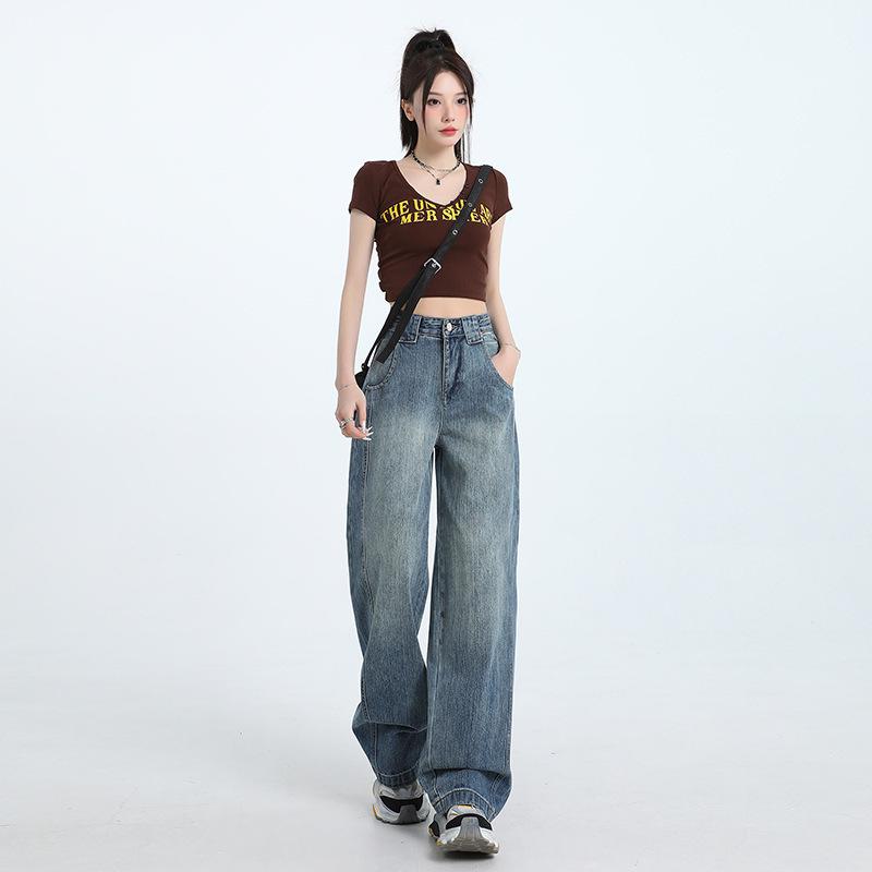 Women's Autumn Retro High-Waisted Washed Wide-Leg Jeans
