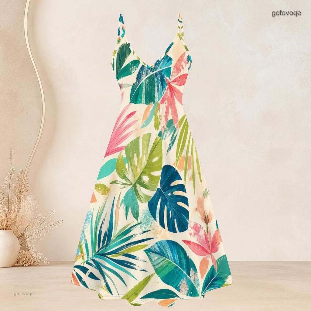 Women Plus Size Two Piece Set Short Sleeve Cardigan Tropical Leaf Printed Strappy V Neck Flared Dress