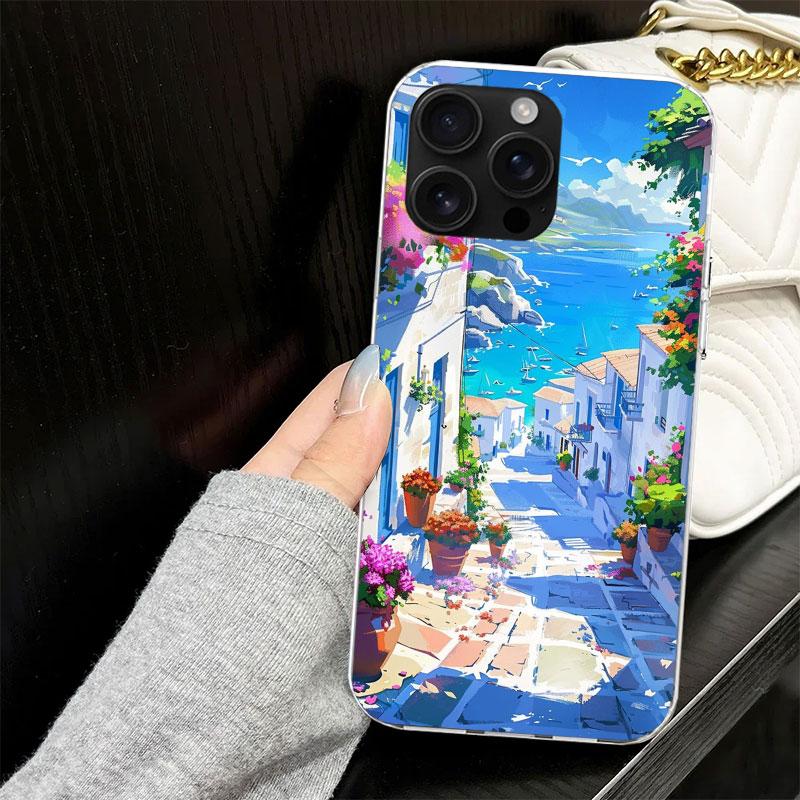 Greece In Summer Santorini Case for iPhone 13 12 Mini 11 Pro Max Soft Phone Cover X XS XR 7 SE 8 Plus 6 6S 5 5S Silicone Black C