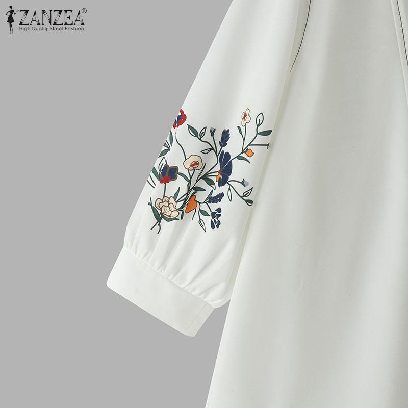 ZANZEA Women Casual Round Neck 3/4 Sleeve Loose Print Blouse