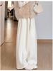 Women's Fleece-Lined Off-White Glutinous Rice Wide-Leg Pants, High-Waisted, Loose-Fit, Slimming, Petite, Autumn/Winter.