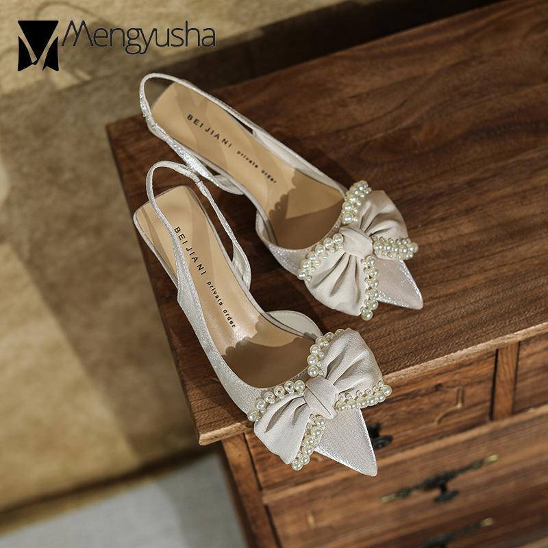 Fashion 2024 Elastic Band Sandals Women Brides Slingback High Heels Butterfly-Knot Shoes Silk Pointed Toe Tacones String Bead Sandalias