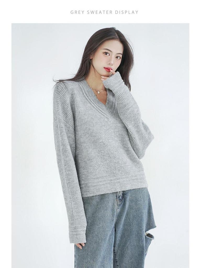 Women's Fluffy Grey Sweetheart Neck Sweater Jacket - Loose Fit Autumn/Winter Outerwear