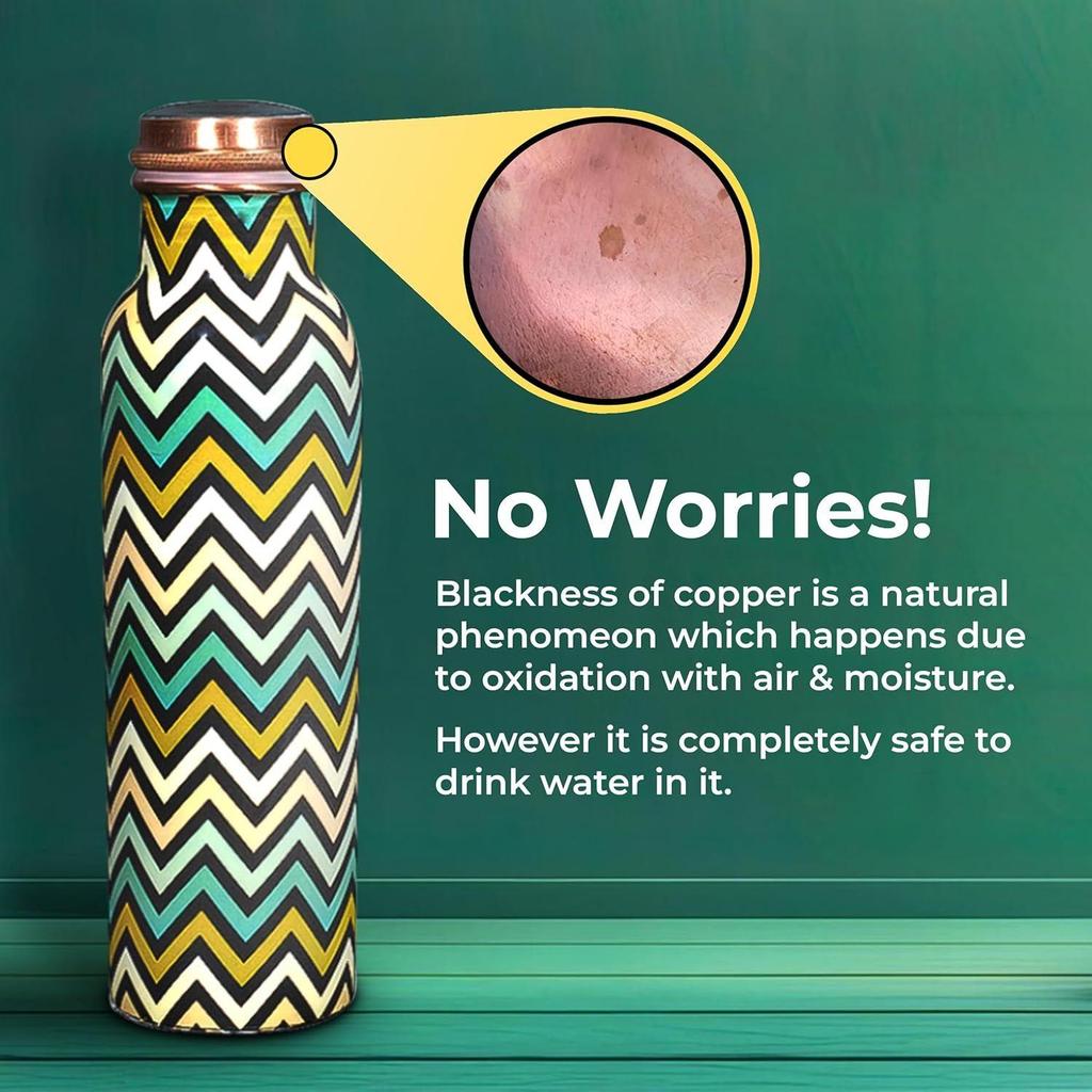 Reine Kupfer-Wasserflasche 1 Liter Alkalisch und Antioxidativ 100% Auslaufsicher, Büro, Fitnessstudio Flasche  (Zickzack Grün & Gelb)