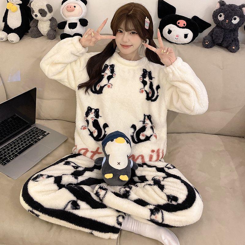 Damski Słodki Kreskówkowy Flanelowy Zestaw Piżamowy - Gruby, Podszyty Polarem i Przytulny na Jesień i Zimę