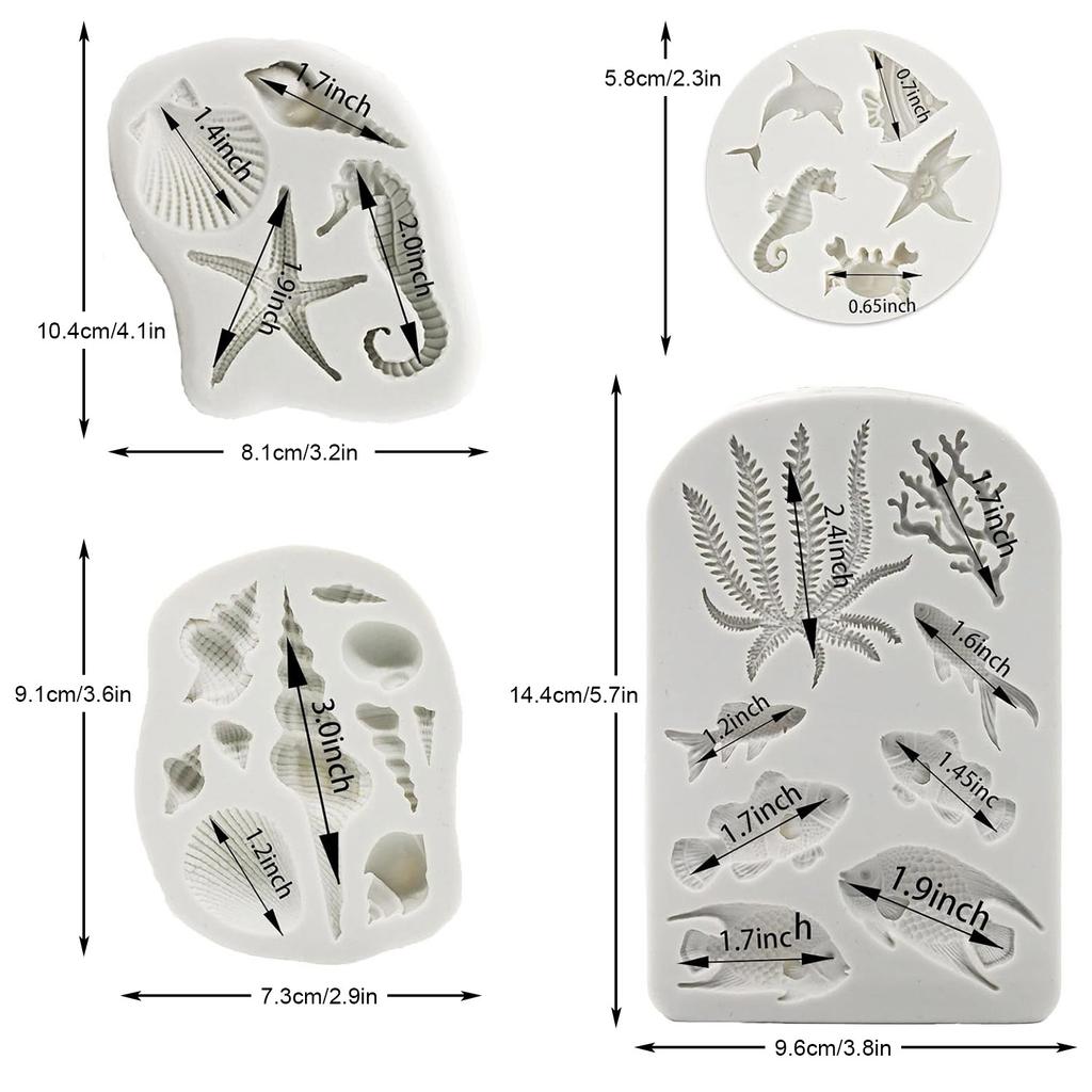 4PCS Marine Theme Fondant Silicone Mold Seaweed Sea Fish Crab Coral Conch Sea Shells Shape DIY Handmade Baking Tools
