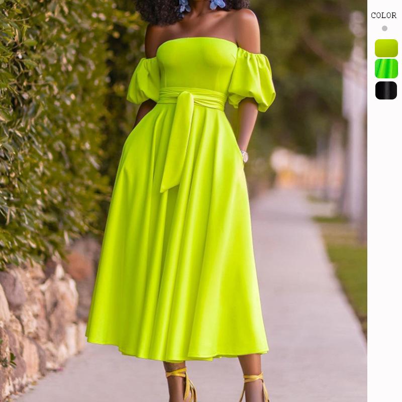 

Женское модное однотонное платье с пышными рукавами на одно плечо, повседневные платья