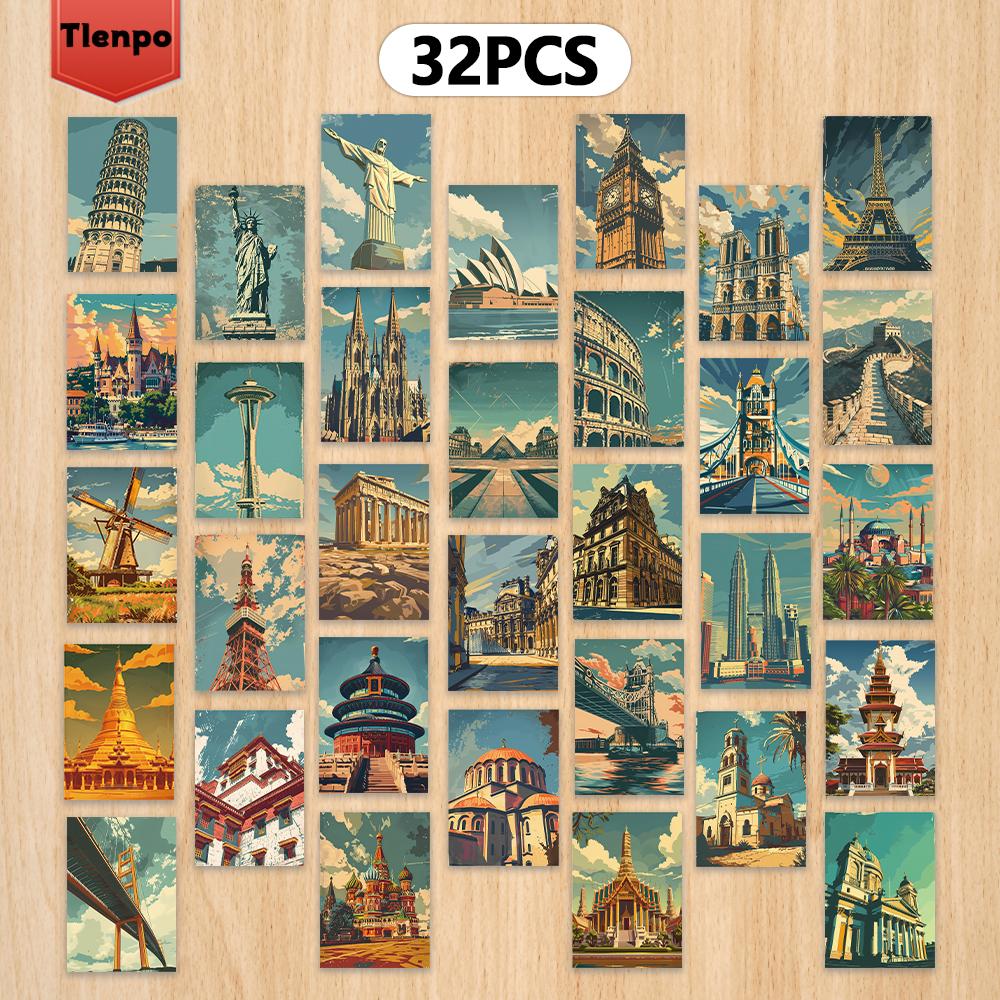 32pcs Vintage Travel Postcards, Indoor Bedroom Decoration, Wall Stickers, Message Cards, Greeting Cards, Souvenir Postcards