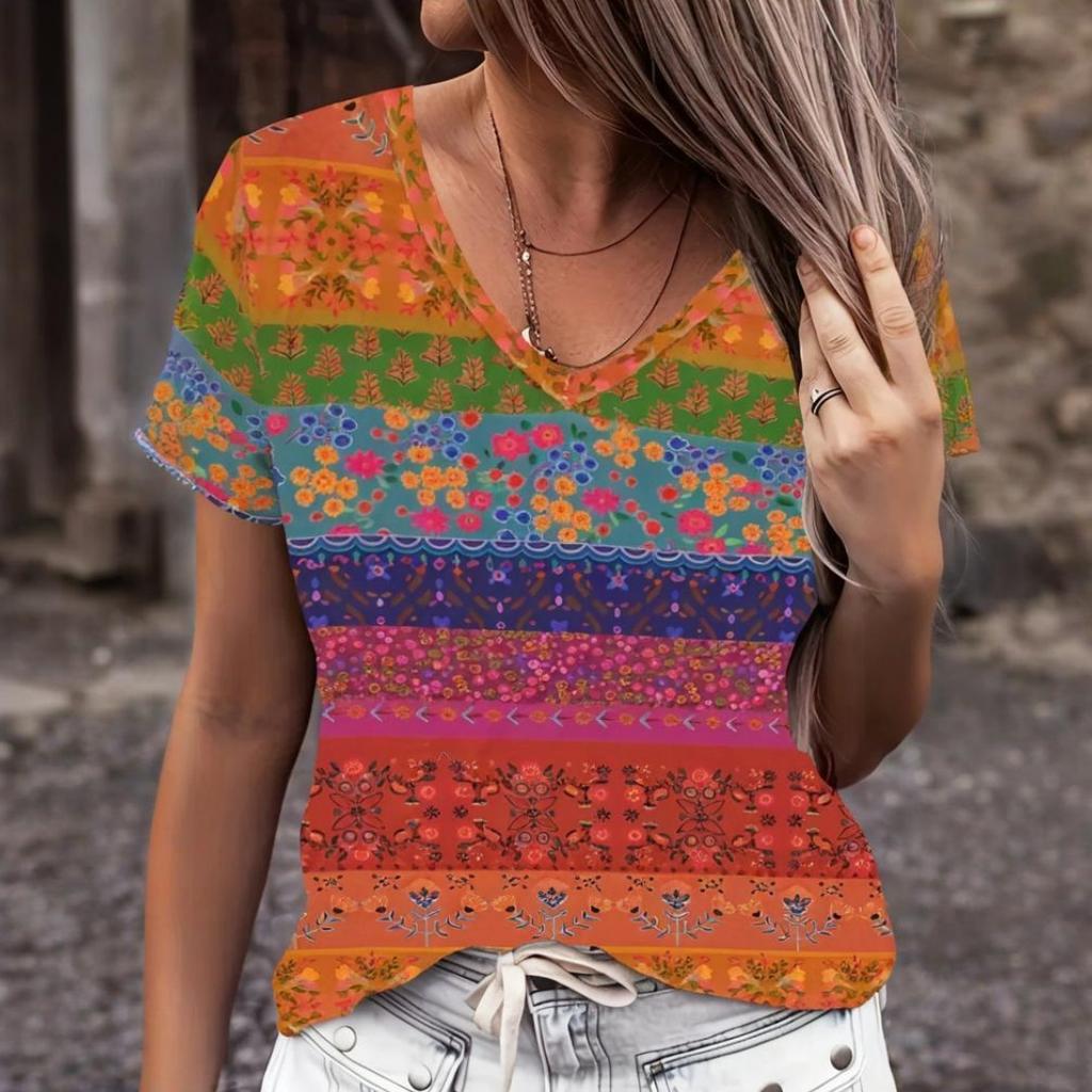 Summer Colorful Heart 3D Print T-shirt Women Streetwear Casual T Shirts Y2k Tops Woman Harajuku V-Neck Tees Oversized Clothing