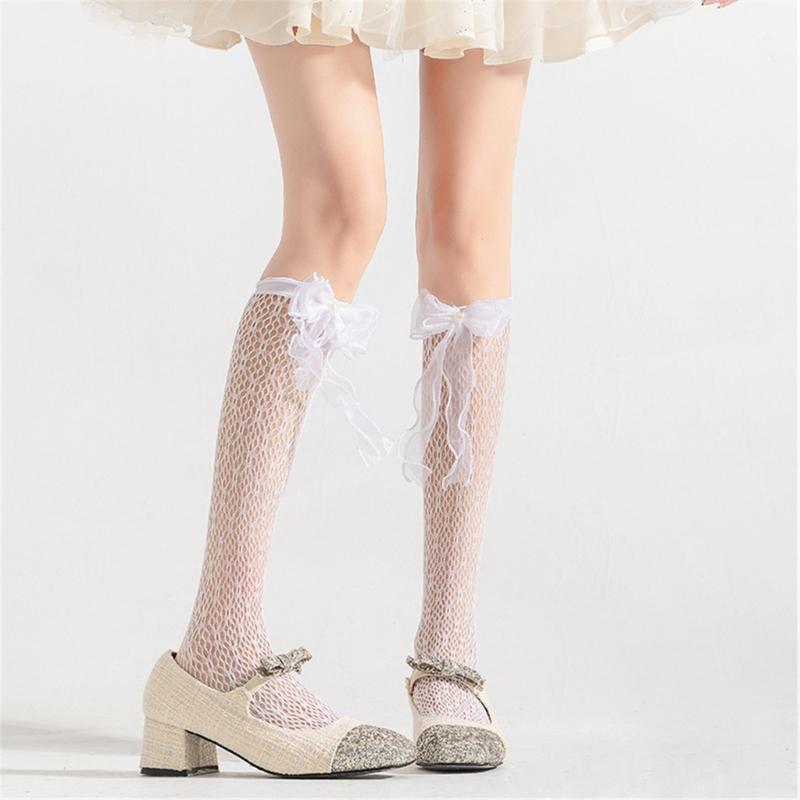 Japanese Style Fishnet Patterned Long Tube Socks for Women Girls Cute Pearl Bowknot Hollowed Out Mesh Over Calf Socks