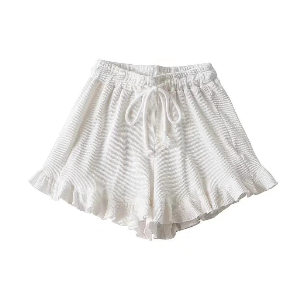 Women's Summer Lace Waffle Shorts: Elastic Waist, Lace-up, Ruffle Edge, Versatile Casual Sports Hot Pants