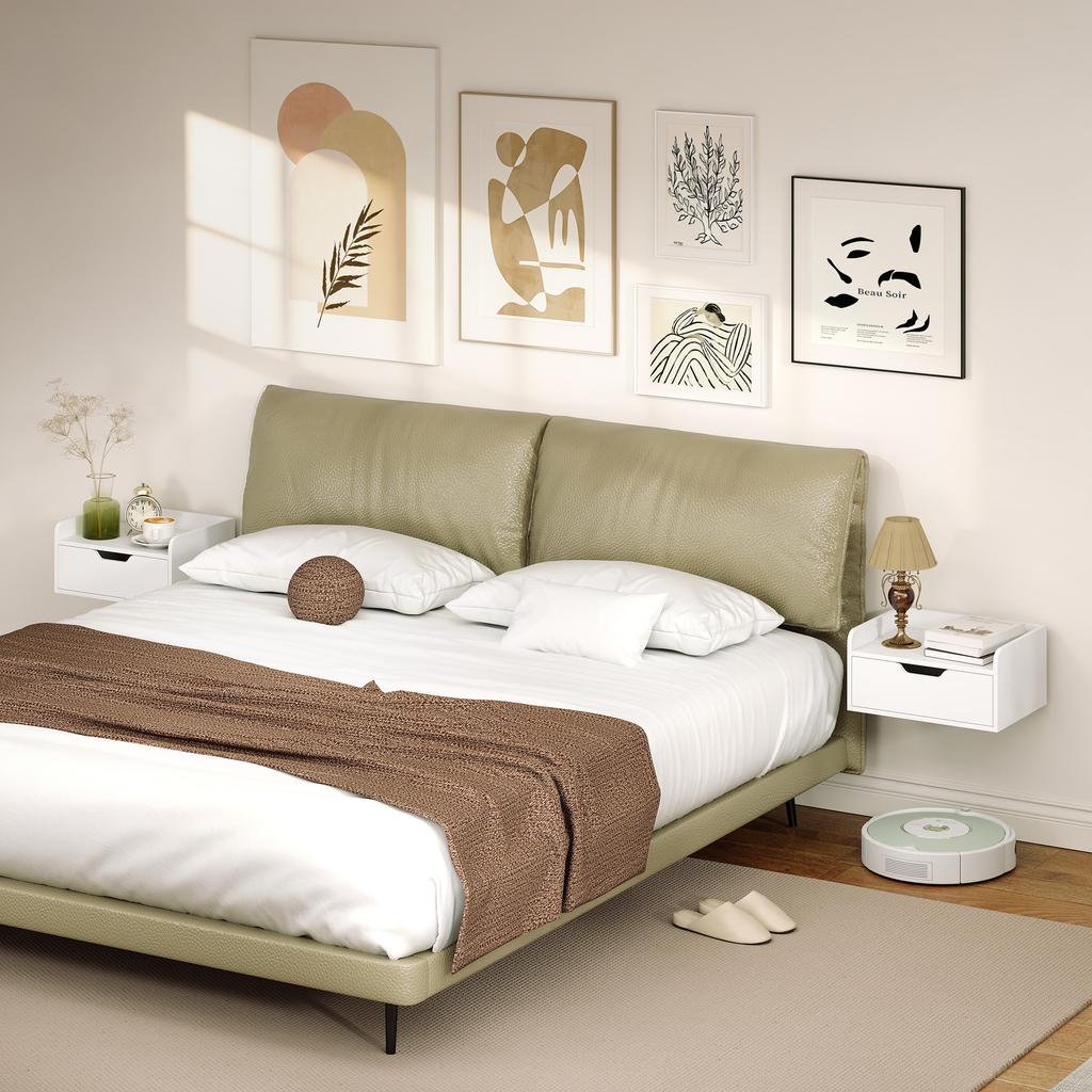 Set di 2 comodini sospesi, Tavolino da letto a parete con cassetto per camera da letto, Bianco