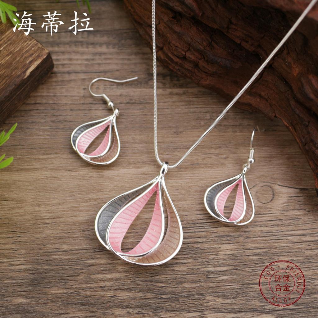 New Enamel Color Hollow Water Drop Flower Earrings Pendant Set, Women's Simple Versatile Necklace