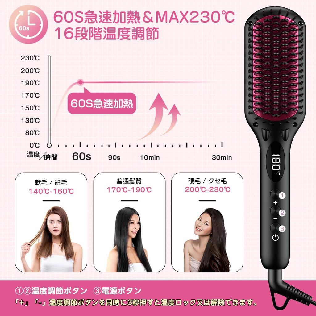 MiroPure Straightening Brush, 5-Row Teeth, Heated Hair Iron, Negative Ion, 16 Temperature Settings (MAX 230℃), Shine Enhancement, Temperature Memory,