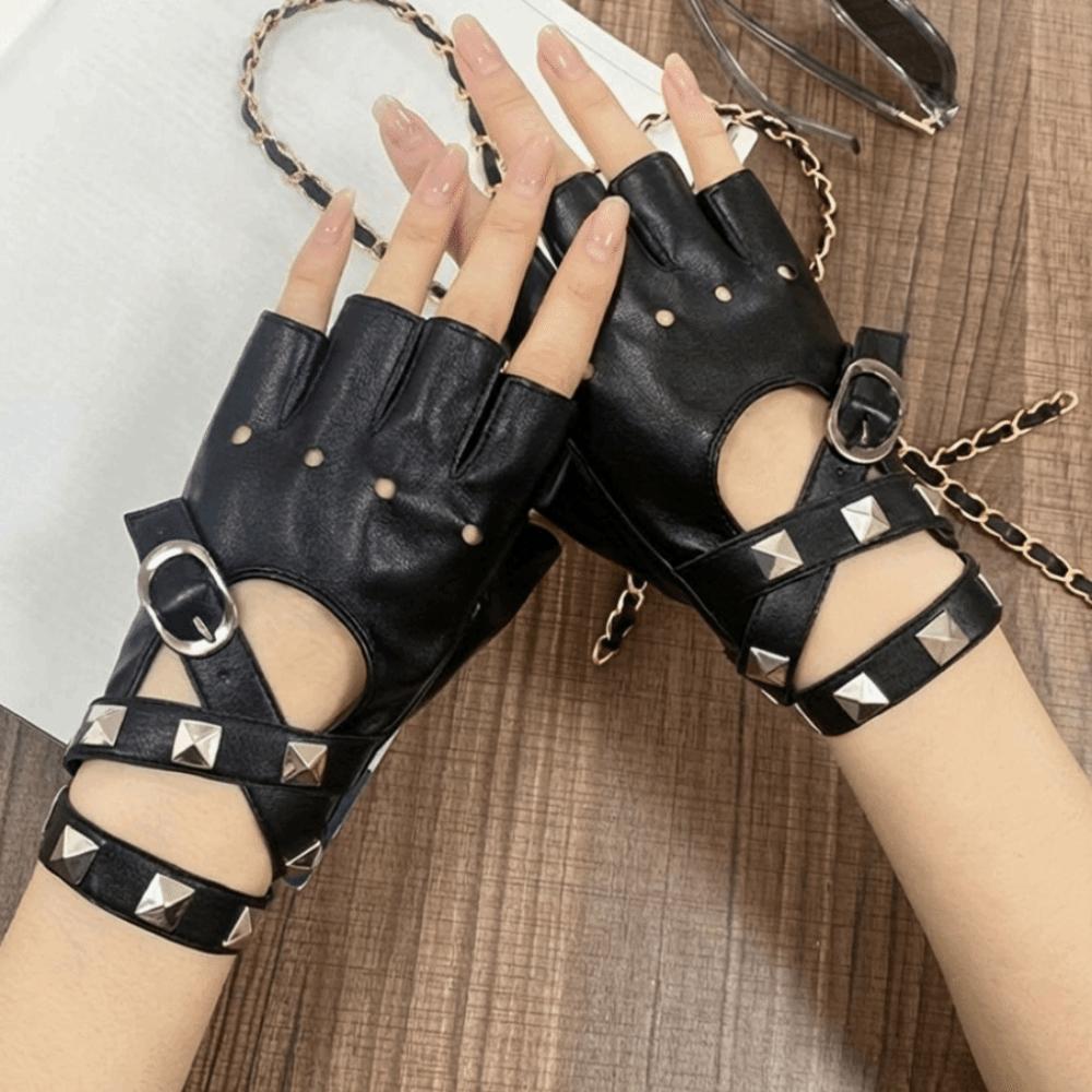 Anti-Slip Half Finger Gloves Cool Fingerless Mittens Unisex Rivets Belt Wrist Gloves  Hip-Hop