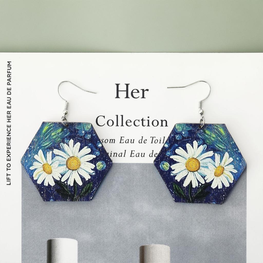 Eco-Friendly Wooden Earrings, Personalized Geometric Hexagonal Chrysanthemum Earrings