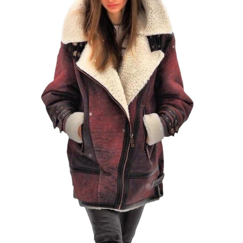 Veste pour femme style vintage à col sherpa, manteau trucker en fausse peau de mouton retournée avec fermeture éclair