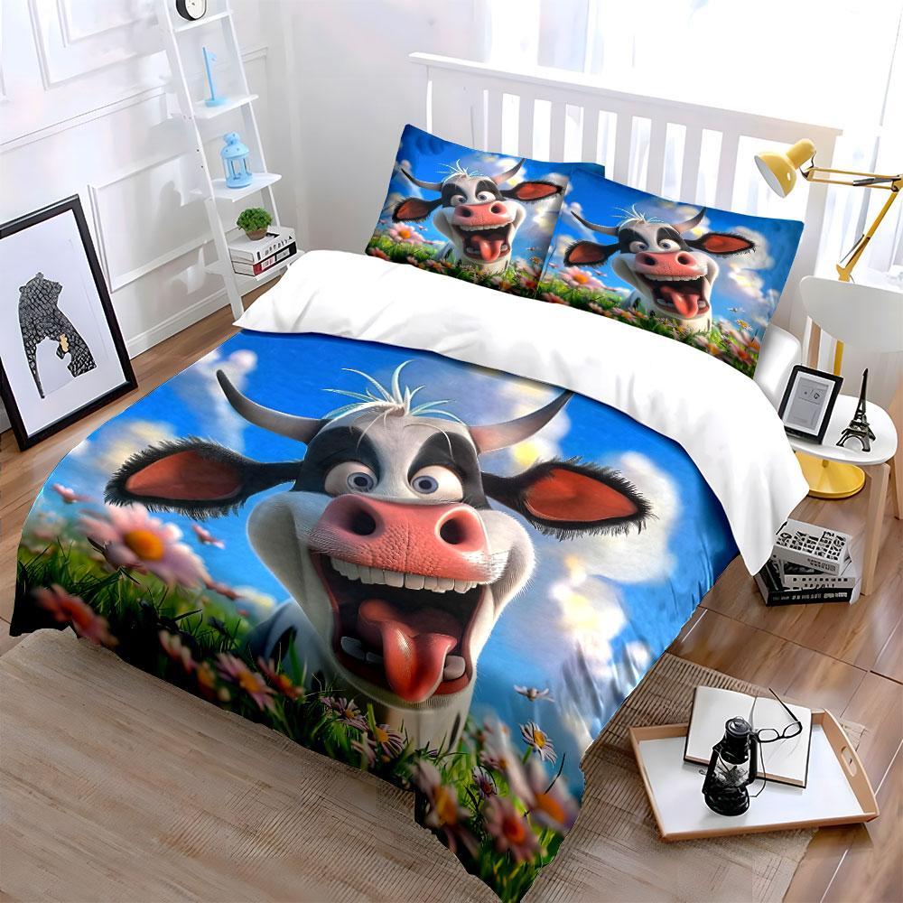 Cartoon Cow in Flower Field Bedding Duvet Cover Set  (1*Duvet Cover 2*Pillowcases, without duvet insert)
