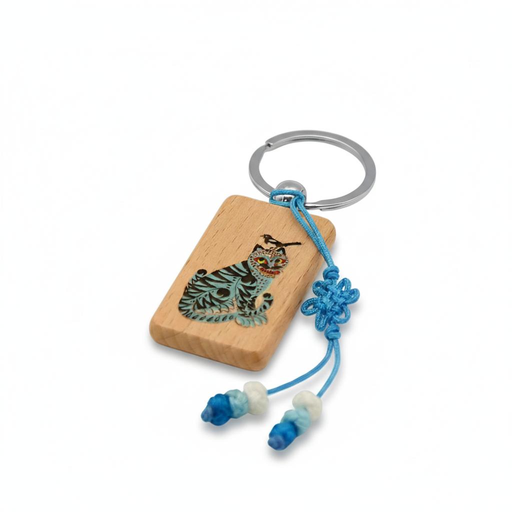 Blue tiger with magpie square keyring Eco-friendly