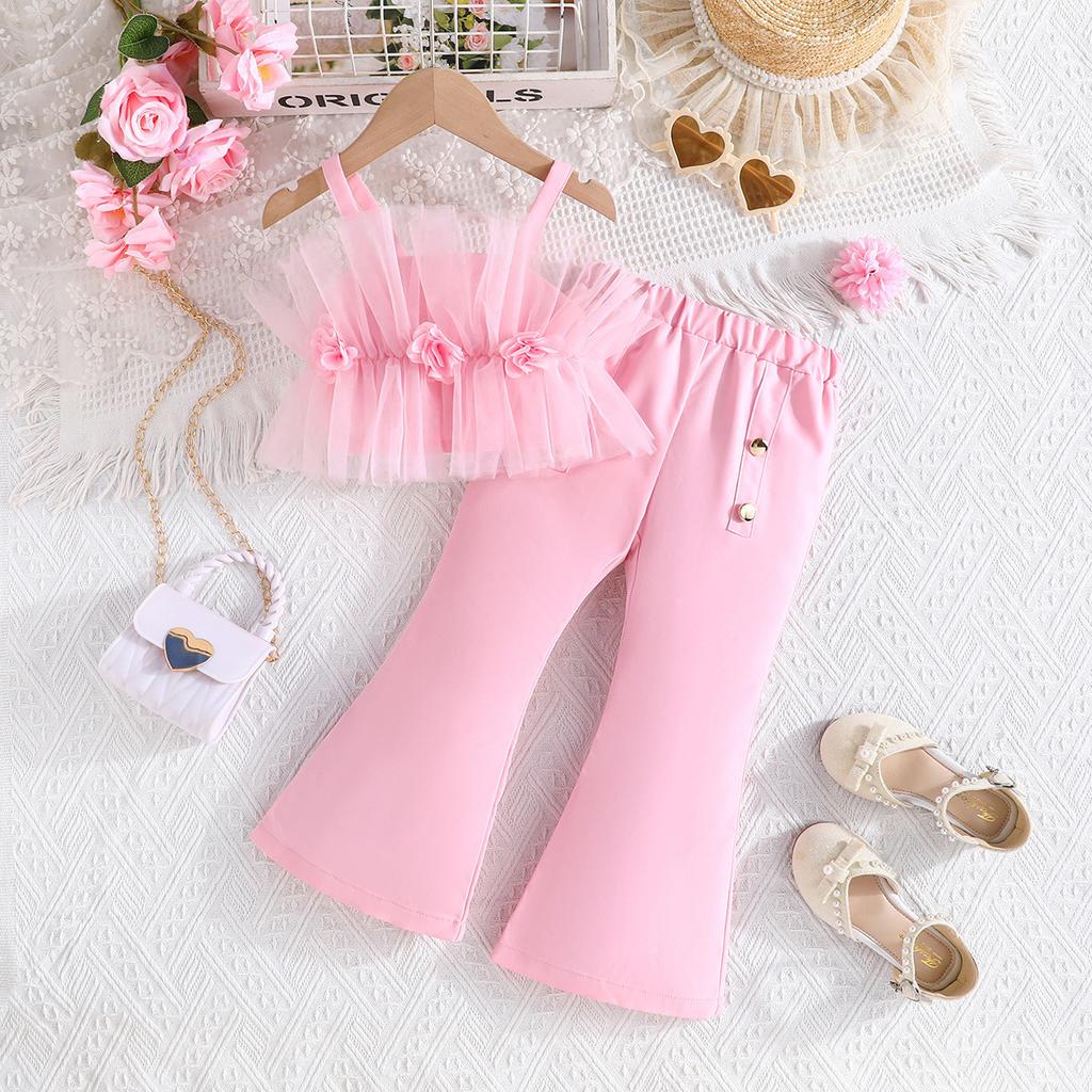 Girls' Fashion Set: Summer Children's Solid-Color Tank Top with Tulle + Flared Pants Set