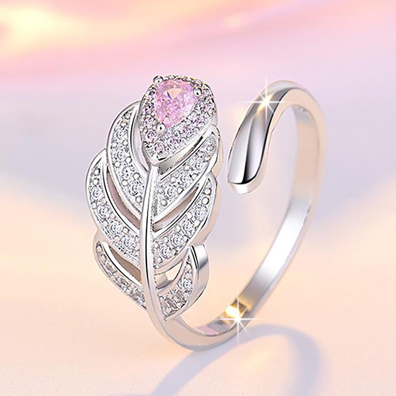 Artistic Leaf Feather Ring with Zircon Inlay - Japanese & Korean Style