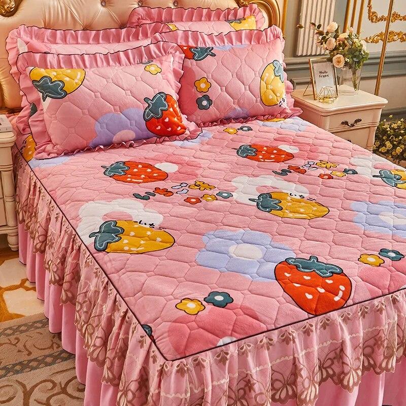 Princess Lace Quilted Bed Spreads Crystal Velvet Bedding Sheets Set King Queen Size Thick Winter Warm Cotton Wedding Bed Cover
