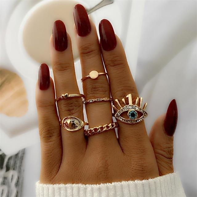 Sada prstenů s českým zlatým řetízkem pro ženy Fashion Boho Coin Snake Moon Rings Dárkové šperky Party Trend