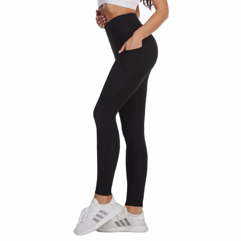 Frauen Einfarbig Fitness Lange Hosen Hohe Taille Sport Hüfte Heben Hosen Seite Tasche Läuft Yoga Leggings