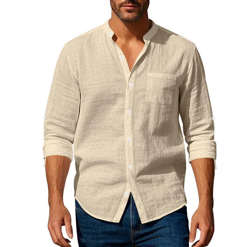 Fashionable Men's Linen Shirt Long-sleeved Stand Collar Breathable Casual Men's Style Chinese-style Pocket Shirt