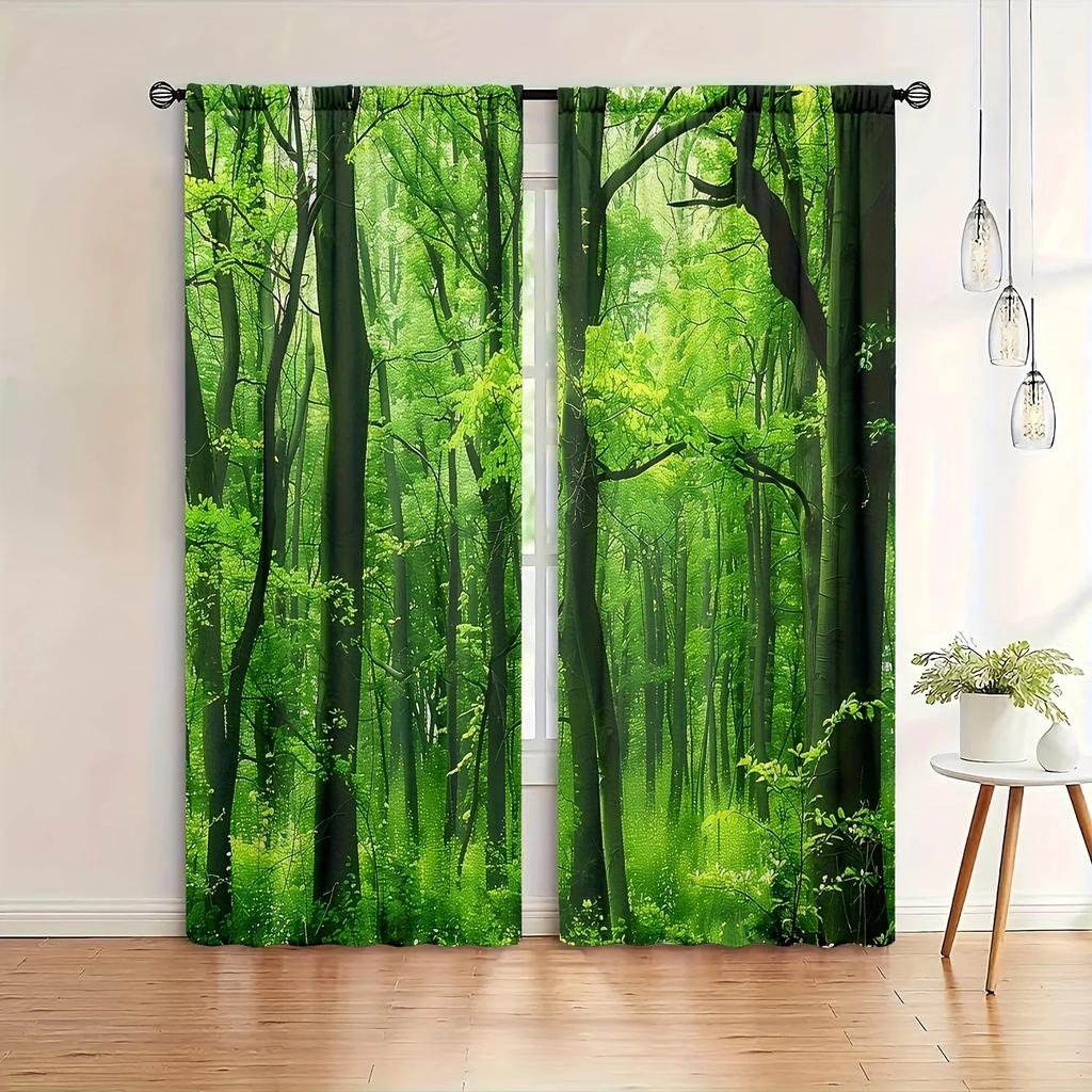 2 st Skogstryckta Gardiner för Heminredning - Stångficka Fönsterbehandling för Sovrum, Kontor, Kök, Vardagsrum och Arbetsrum