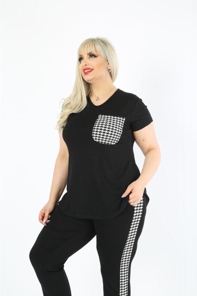 Damenmode Übergröße Trainingsanzug Set Plus Size Schwarz Hahnentritt Detailliertes Sommer Capri Set