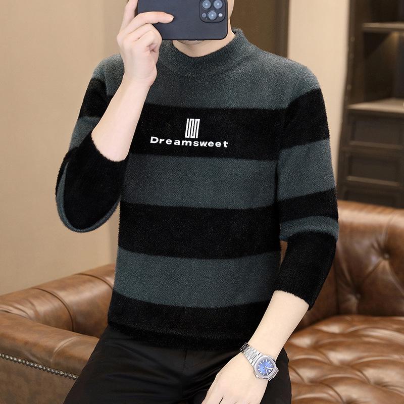 

Men s Trendy Korean-Style Thick Knit Sweater, Half-High Collar Winter Top 3XL 165~180 jin темно-синього кольору